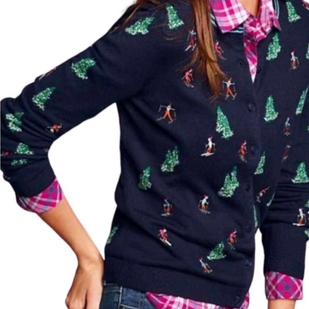 Talbots Novelty Skier Holiday Button Front Blue Women's Cardigan XL Petite